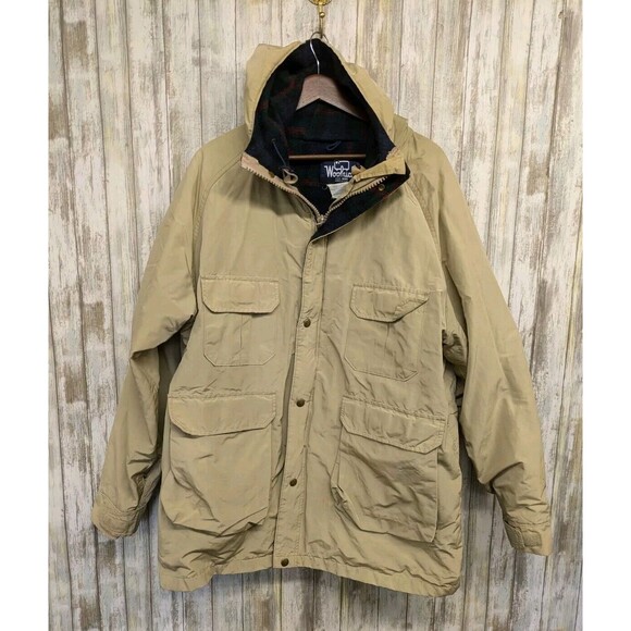 Vintage Woolrich Men's Wool Lined Coat Hooded Jacket Parka Beige Zip Snap XL